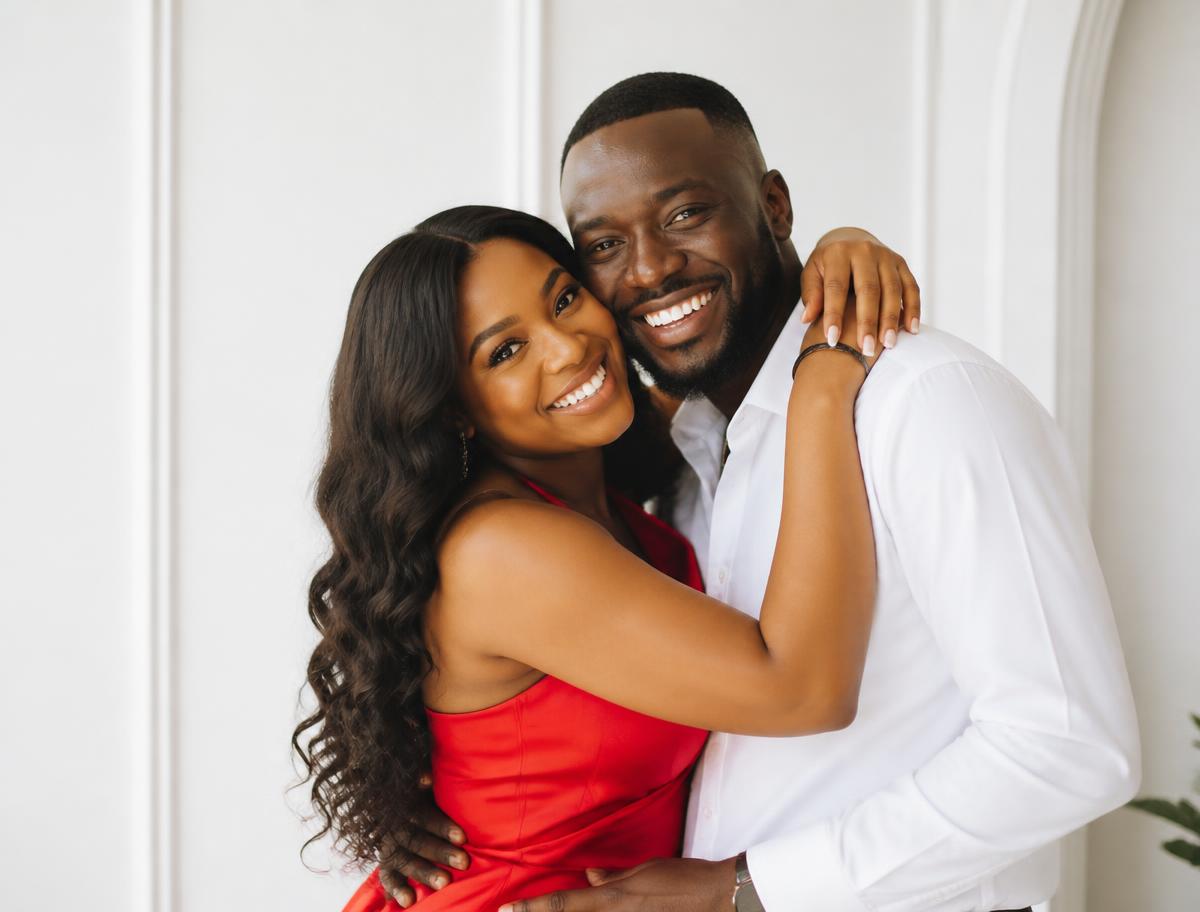 A joyful couple embracing